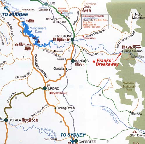Map of the Mudgee-Ryklstone region - how to get to Franks Breakaway Farmstay accommodation